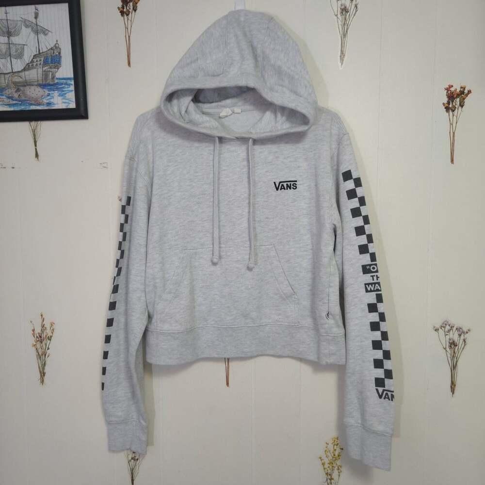 Vans Off The Wall Hoodie Size Mesium Gray Checkered Sleeve Pullover Crop Top